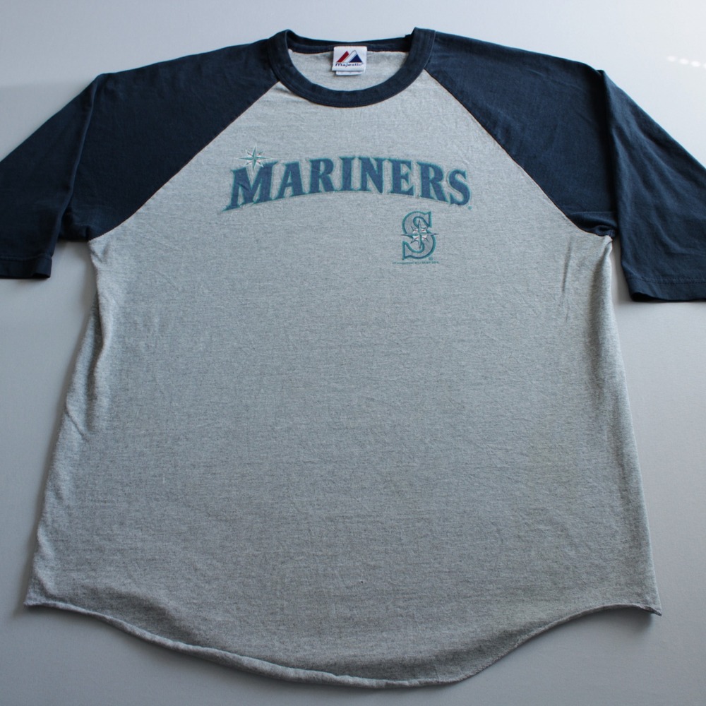 Majestic Seattle Mariners Raglan T-Shirt Navy Gray MLB 2008 Mens L Pro Sports